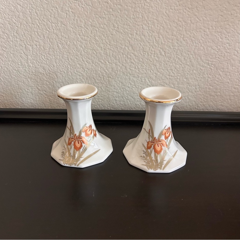Vintage Fine China Japan Iris Candle Holders Set of 2 gold trim